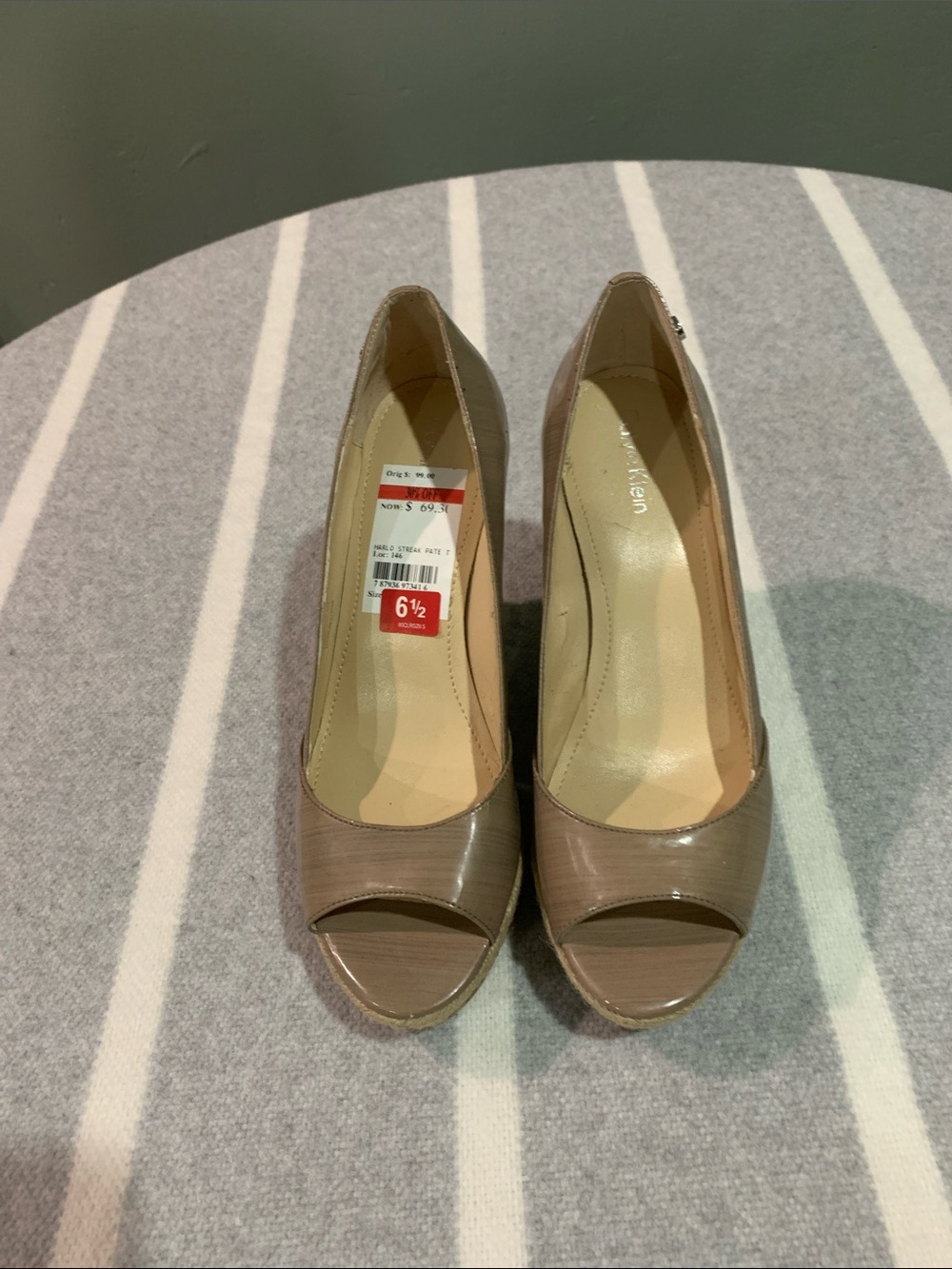 Calvin Klein Patent Taupe Open-Toe Pumps